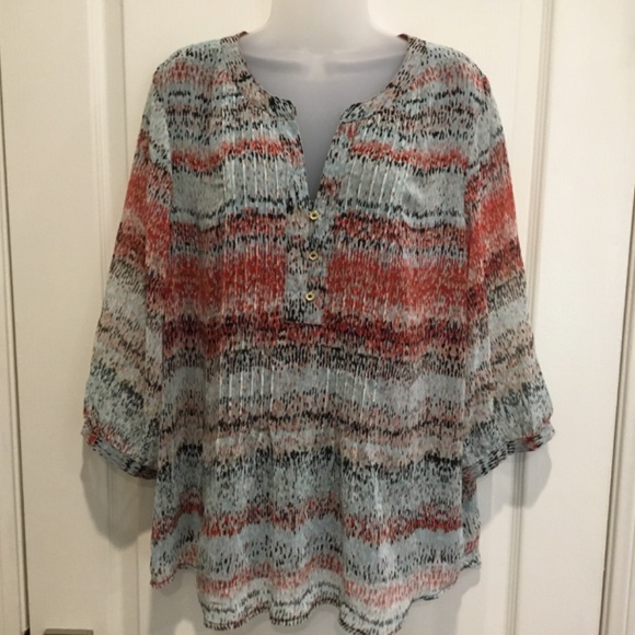 Calvin Klein Boho Blouse Sheer Henley with Pin Tucks in front Sz XL - Picture 2 of 13